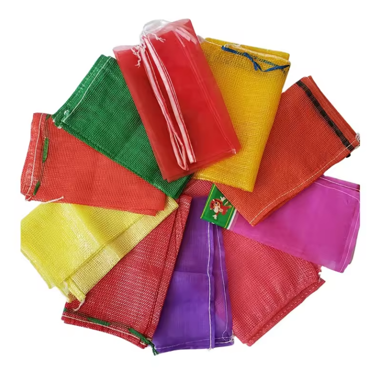 Promotional Drawstring folding reusable PP mesh sacks bags for packing Vegetable Potato Tomato Onion Fruit Apple Lemon firewood