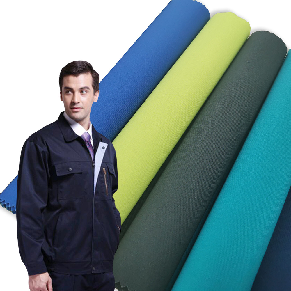 Whole sale  twill workwear fabric 60 cotton 40 polyester for antistatic  240 gsm work wear fabric finishes