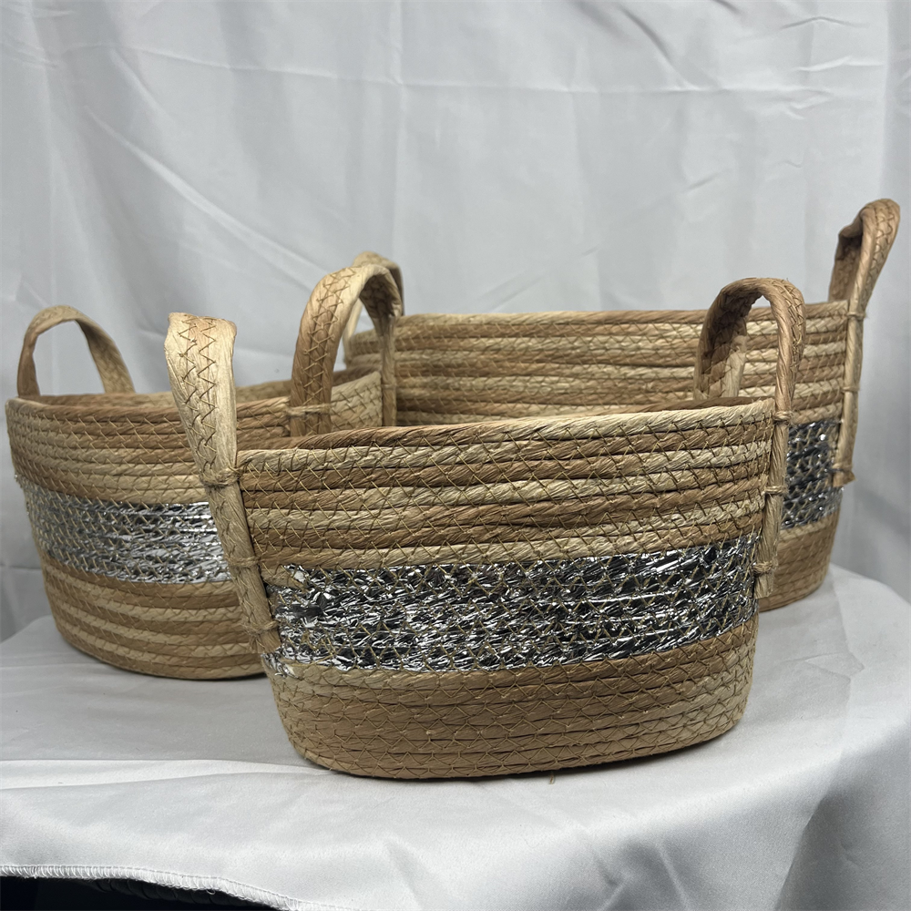 wholesale handmade Storage basket seagrass natural rattan handmade storage three-piece set plant basket with handles