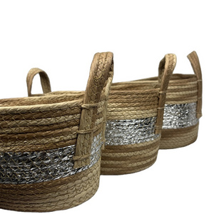 wholesale handmade Storage basket seagrass natural rattan handmade storage three-piece set plant basket with handles