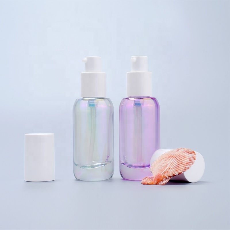 custom clear rainbow iridescent color cosmetic essence serum oil lotion pump glass bottle