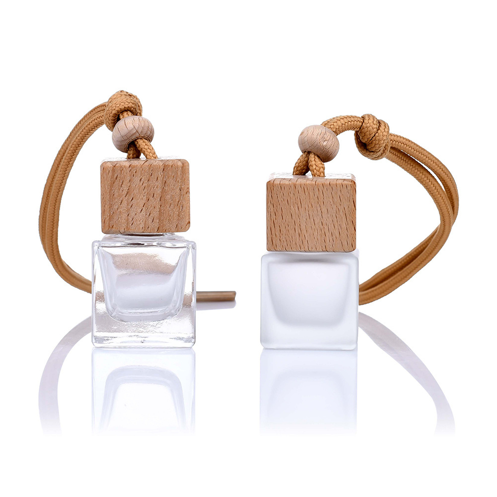 Wholesale Wood Hanging Car Aroma Diffuser 8ml 10ml air freshener cube frosted car hanging perfume bottle with wood cap