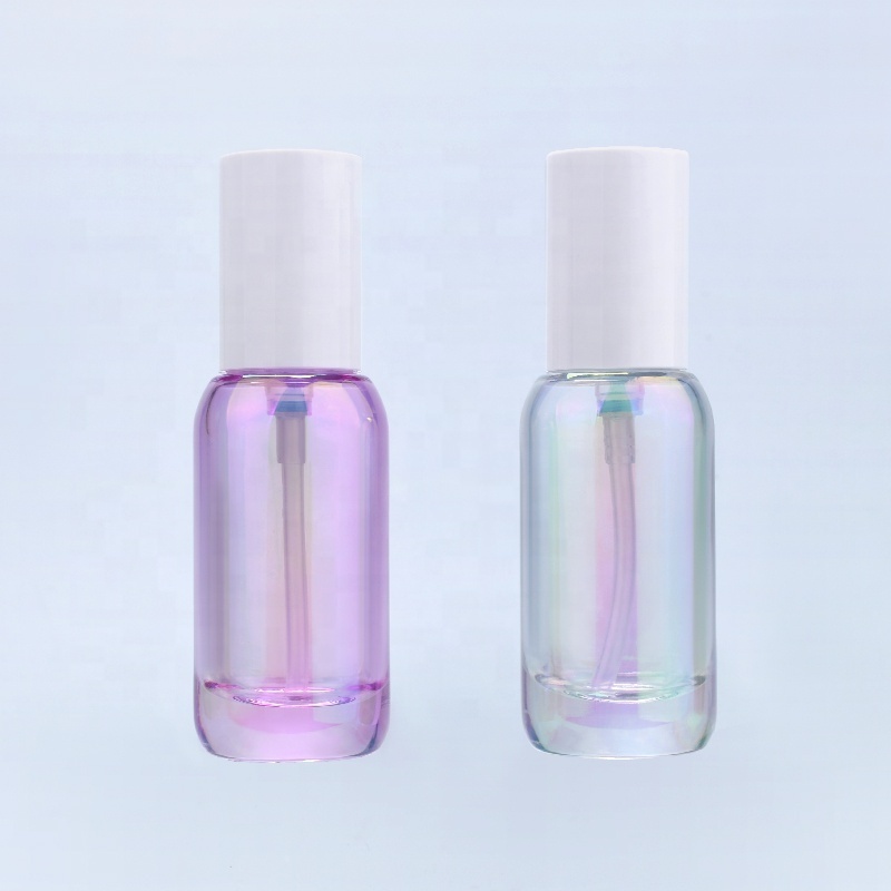 custom clear rainbow iridescent color cosmetic essence serum oil lotion pump glass bottle