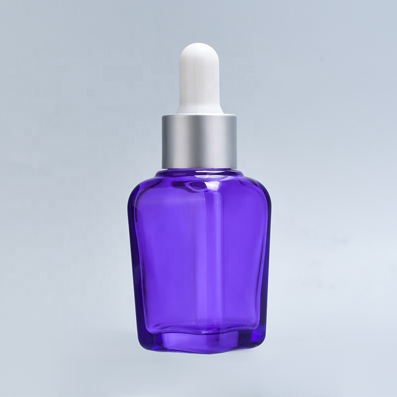 empty cosmetic serum container lavender purple color 15ml 30ml 1oz french square eye dropper essential oil glass bottle