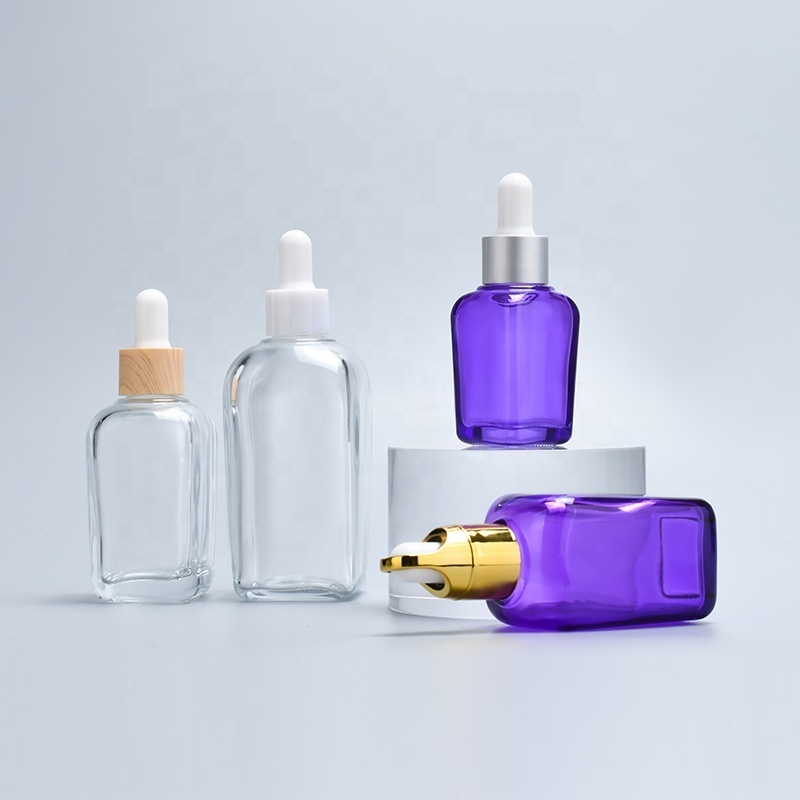 empty cosmetic serum container lavender purple color 15ml 30ml 1oz french square eye dropper essential oil glass bottle