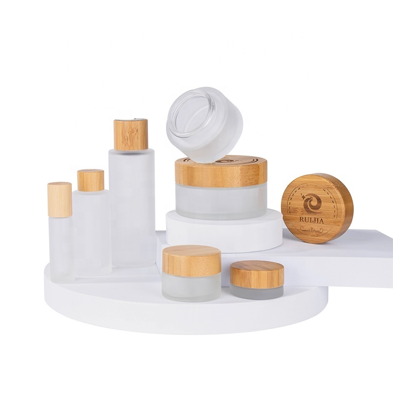 eco friendly bamboo Cosmetic Packaging 30g 50g 100g glass jar 30ml 50ml 100ml 120ml 150ml Frosted Glass Bottle with Bamboo lid