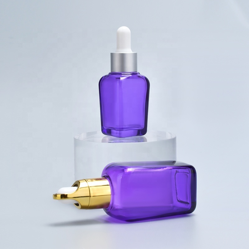 empty cosmetic serum container lavender purple color 15ml 30ml 1oz french square eye dropper essential oil glass bottle