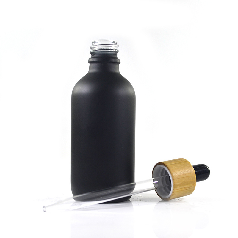 Boston round 1oz 30ml 2oz 60ml 4oz matte frosted black hair olive oil beard essential oil glass dropper bottles with bamboo lid