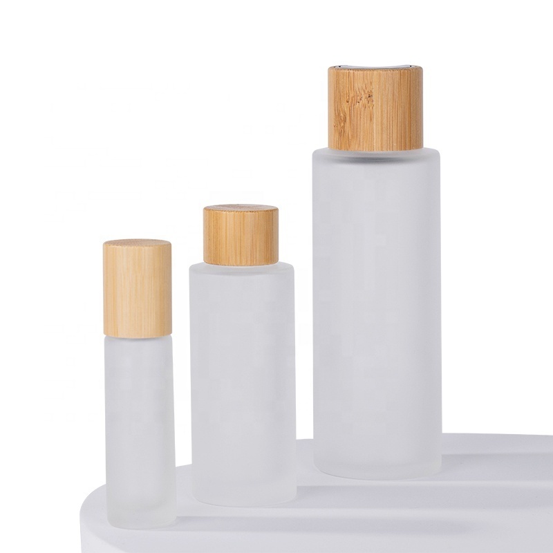 eco friendly bamboo Cosmetic Packaging 30g 50g 100g glass jar 30ml 50ml 100ml 120ml 150ml Frosted Glass Bottle with Bamboo lid