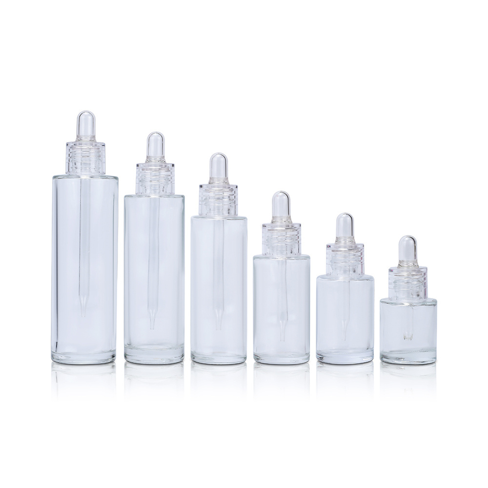 Cosmetic skin care serum packaging 15ml 30ml 50ml 60ml clear hair oil glass essential oil dropper bottle with clear dropper lid