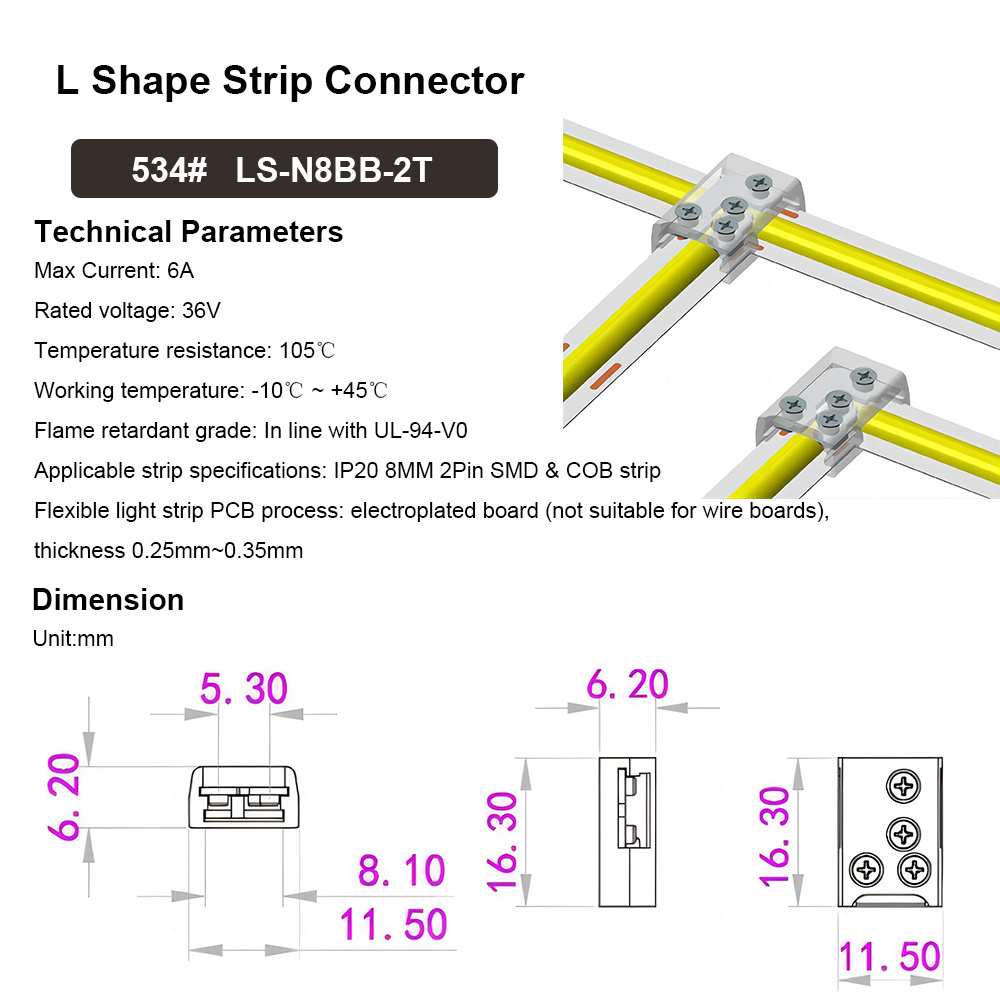 Solderless Gapless Right Angle 2Pin 8MM 10MM L shape T shape Screw fixing LED Strip Connector Strip to Strip Corner Connector