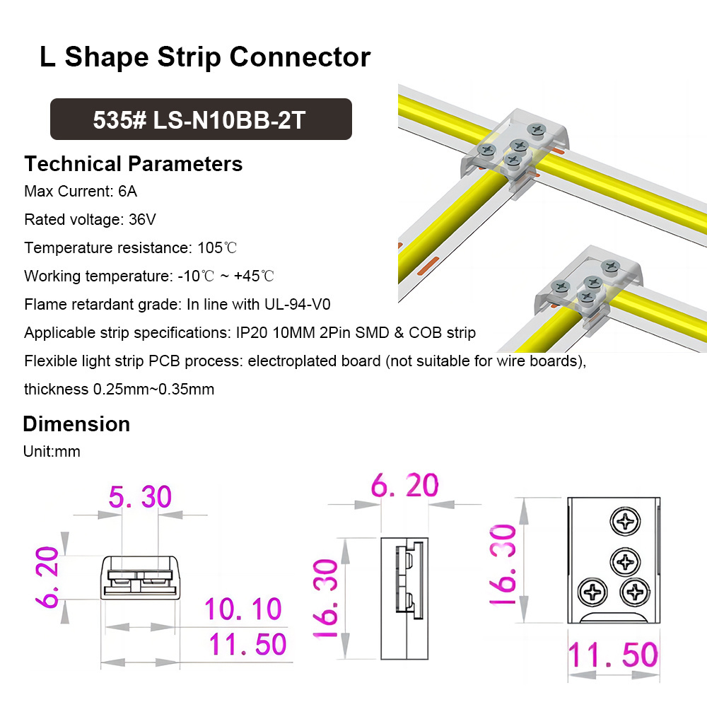 Solderless Gapless Right Angle 2Pin 8MM 10MM L shape T shape Screw fixing LED Strip Connector Strip to Strip Corner Connector