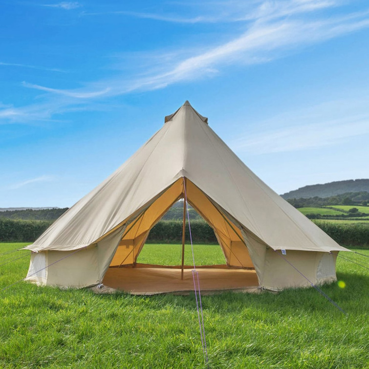 Outdoor Waterproof Four Season Family Camping and Winter Glamping Cotton Canvas Yurt Bell Tent with Two Mosquito Screen Door