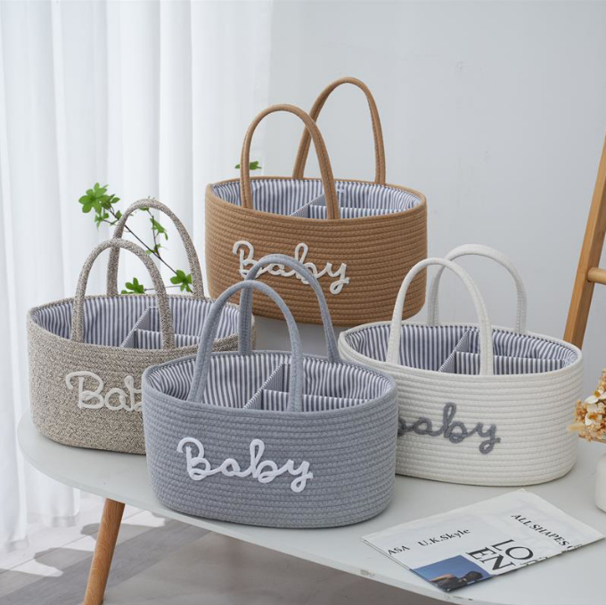 100% Nursery Storage Bin Baby Cotton Rope Diaper Caddy Organizer for Boys and Girls