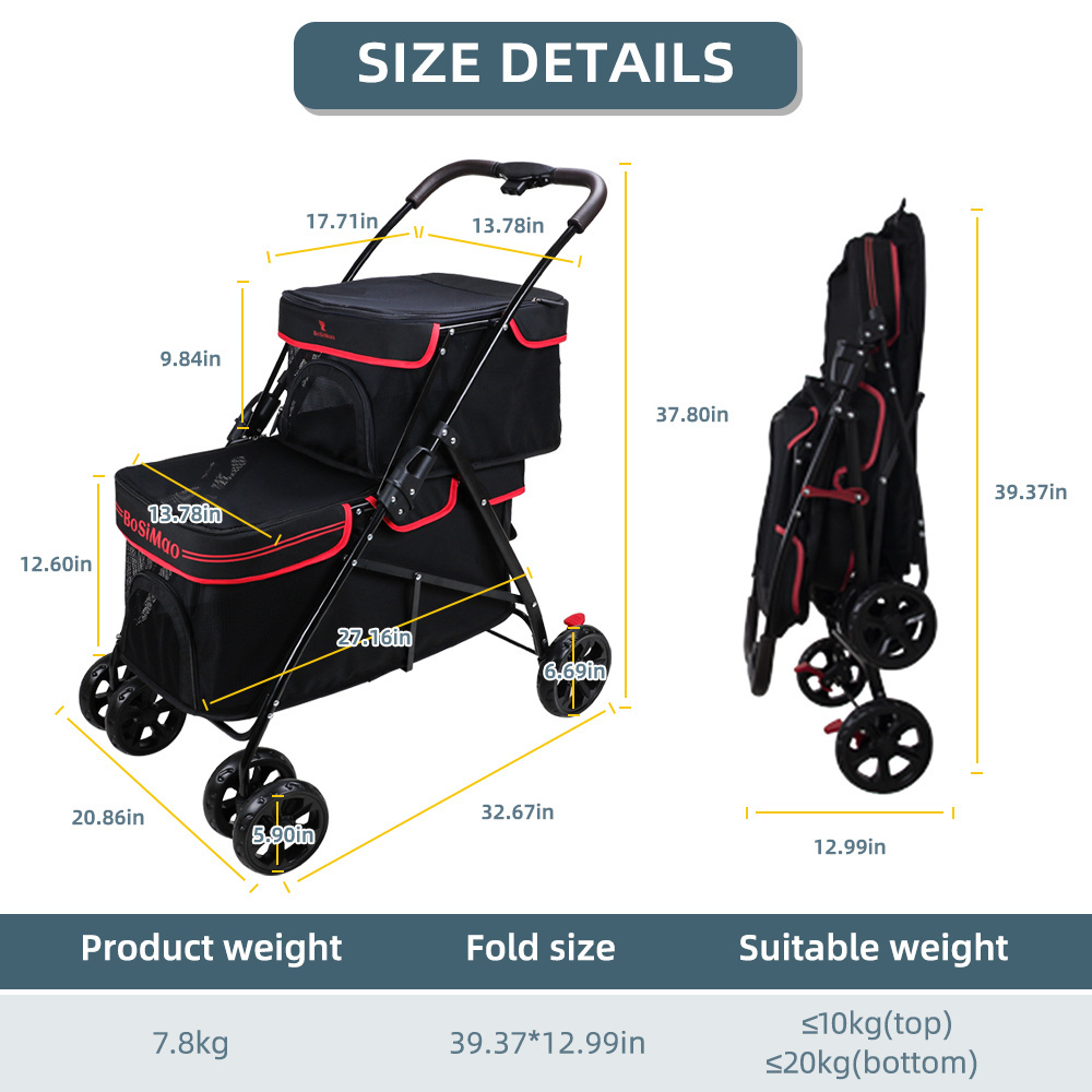 Wholesale Pet Stroller Pet Double  Detachable Stroller For Cats  And dog stroller luxury 4 wheels