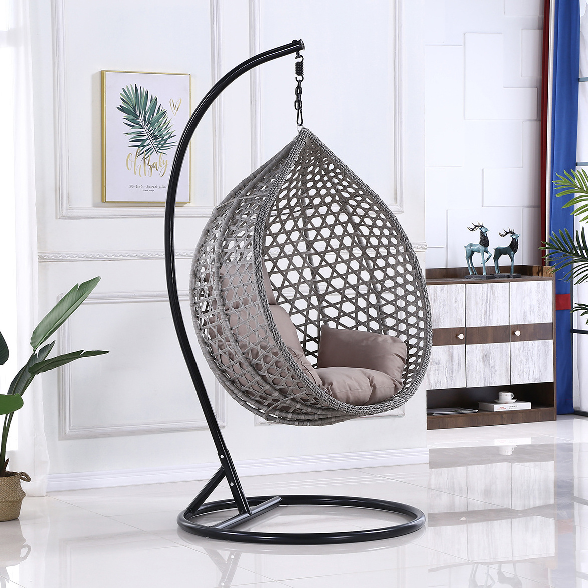 Best Seller Modern Outdoor Garden Rattan Chair Headrest Swings Shape Hanging Chair with Metal Stand Swing Chair