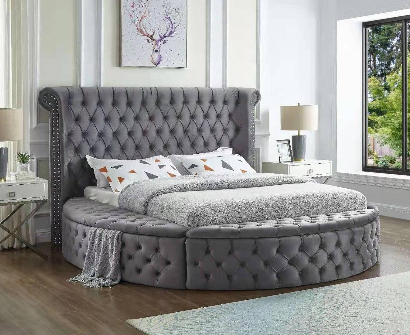 Modern bed frame  QUEEN Bedroom  Velvet Upholstered Platform Queen King Size Round Bed With Storage bed frame sets for bedroom