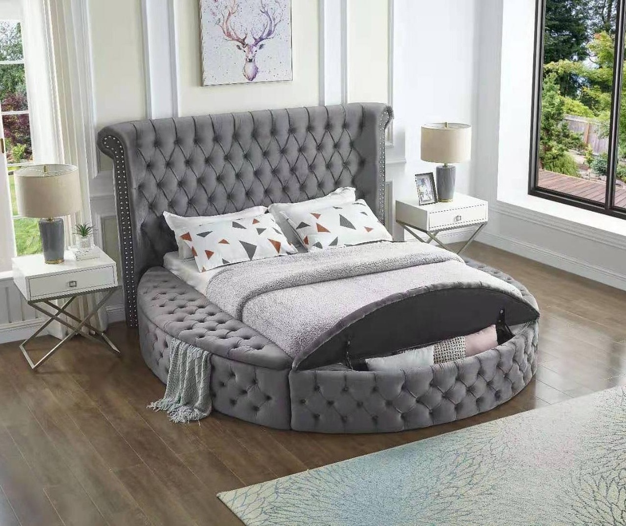 Modern bed frame  QUEEN Bedroom  Velvet Upholstered Platform Queen King Size Round Bed With Storage bed frame sets for bedroom