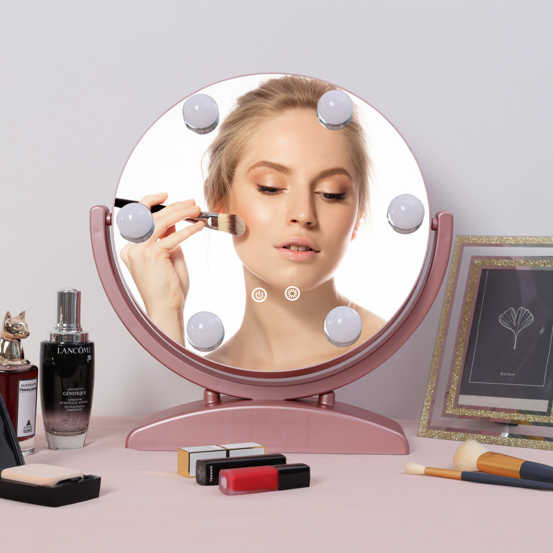 Desktop Smart Touch 360 Degree Rotatable 6 Led Bulbs Lighted Round Makeup Vanity Mirror