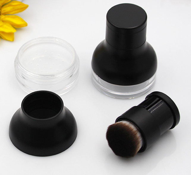 loose powder bottle packaging 10g black plastic round empty makeup loose powder container  with brush