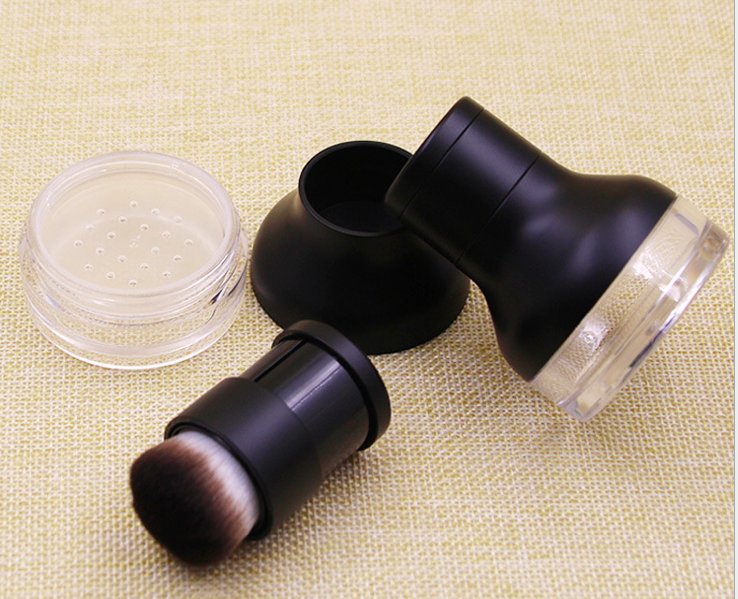 loose powder bottle packaging 10g black plastic round empty makeup loose powder container  with brush