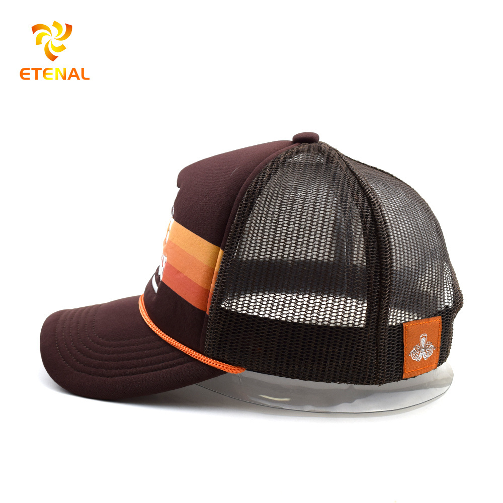 Custom 5 panel trucker mesh embroidery 2 tones brown colors foam polyester baseball cap with rope