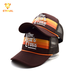 Custom 5 panel trucker mesh embroidery 2 tones brown colors foam polyester baseball cap with rope