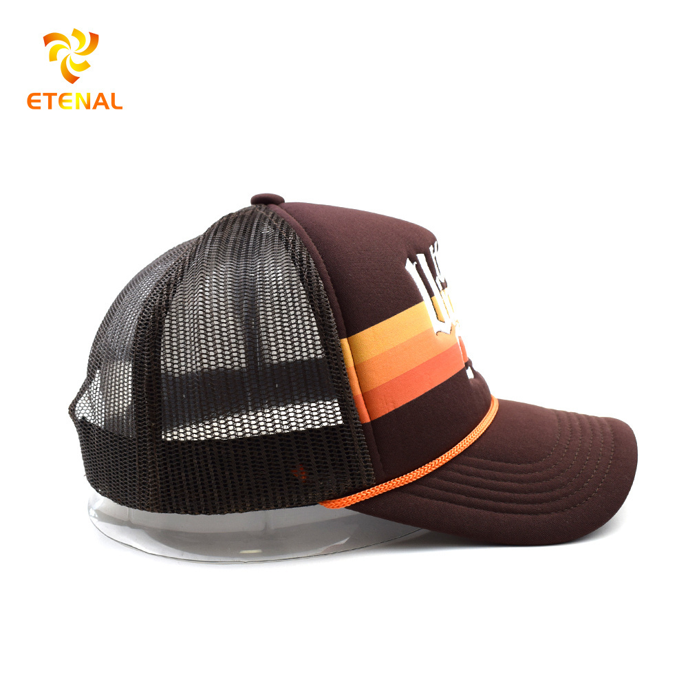 Custom 5 panel trucker mesh embroidery 2 tones brown colors foam polyester baseball cap with rope