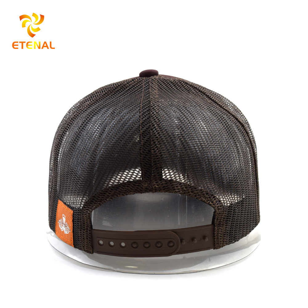 Custom 5 panel trucker mesh embroidery 2 tones brown colors foam polyester baseball cap with rope