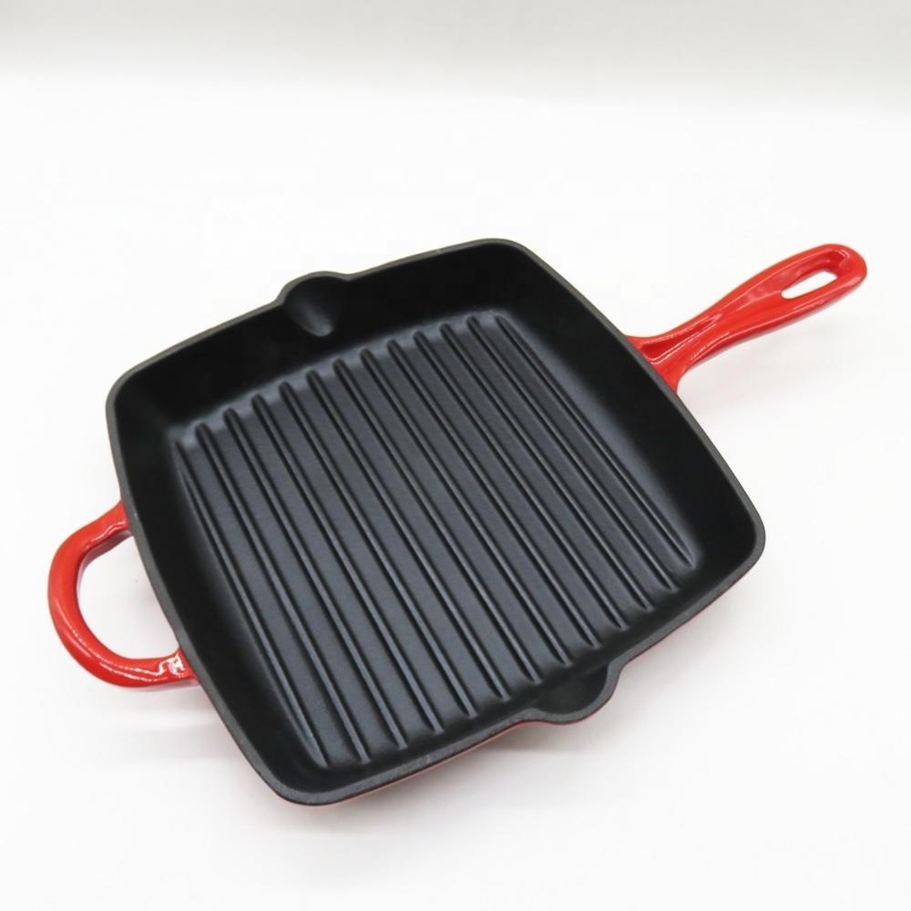 27cm enamel  square cast iron grill pan with long handle