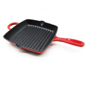 27cm enamel  square cast iron grill pan with long handle