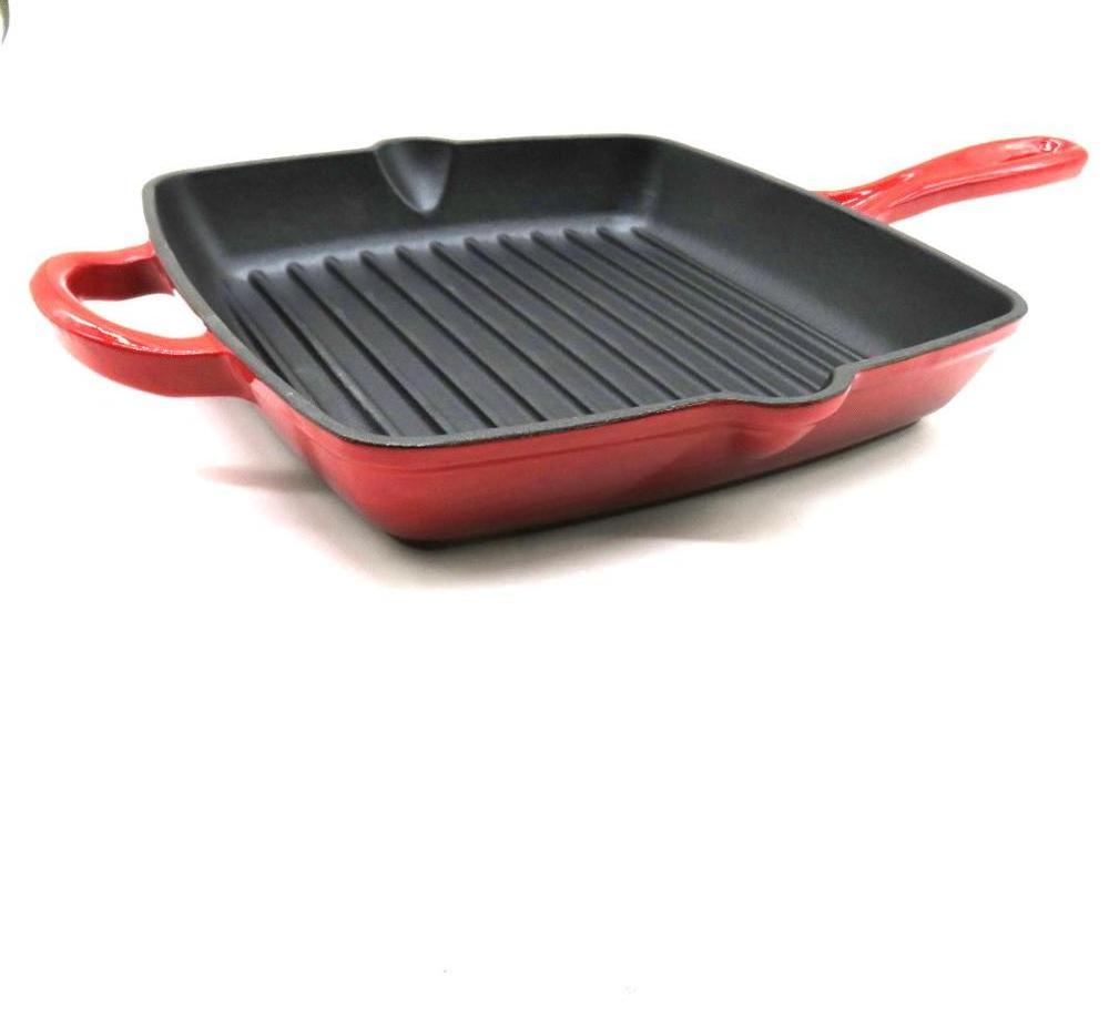 27cm enamel  square cast iron grill pan with long handle