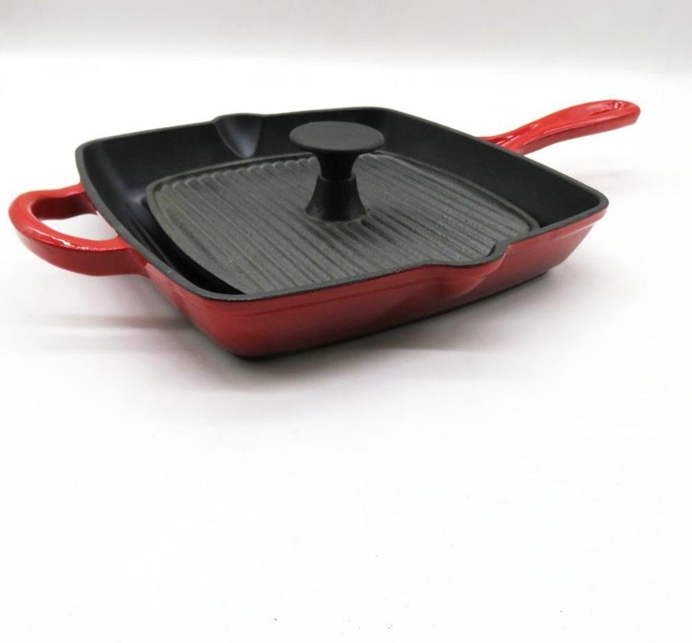 27cm enamel  square cast iron grill pan with long handle