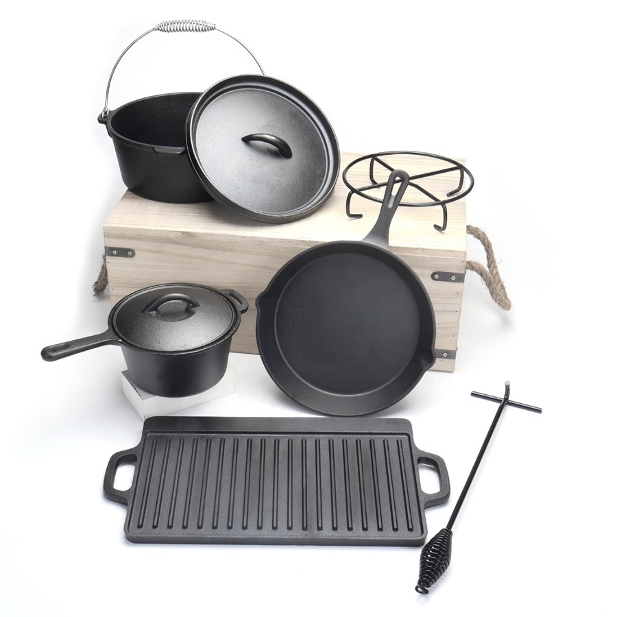 Wholesale camping kitchen charcoal bbq grill cast iron barbeque pans for grill bbq set