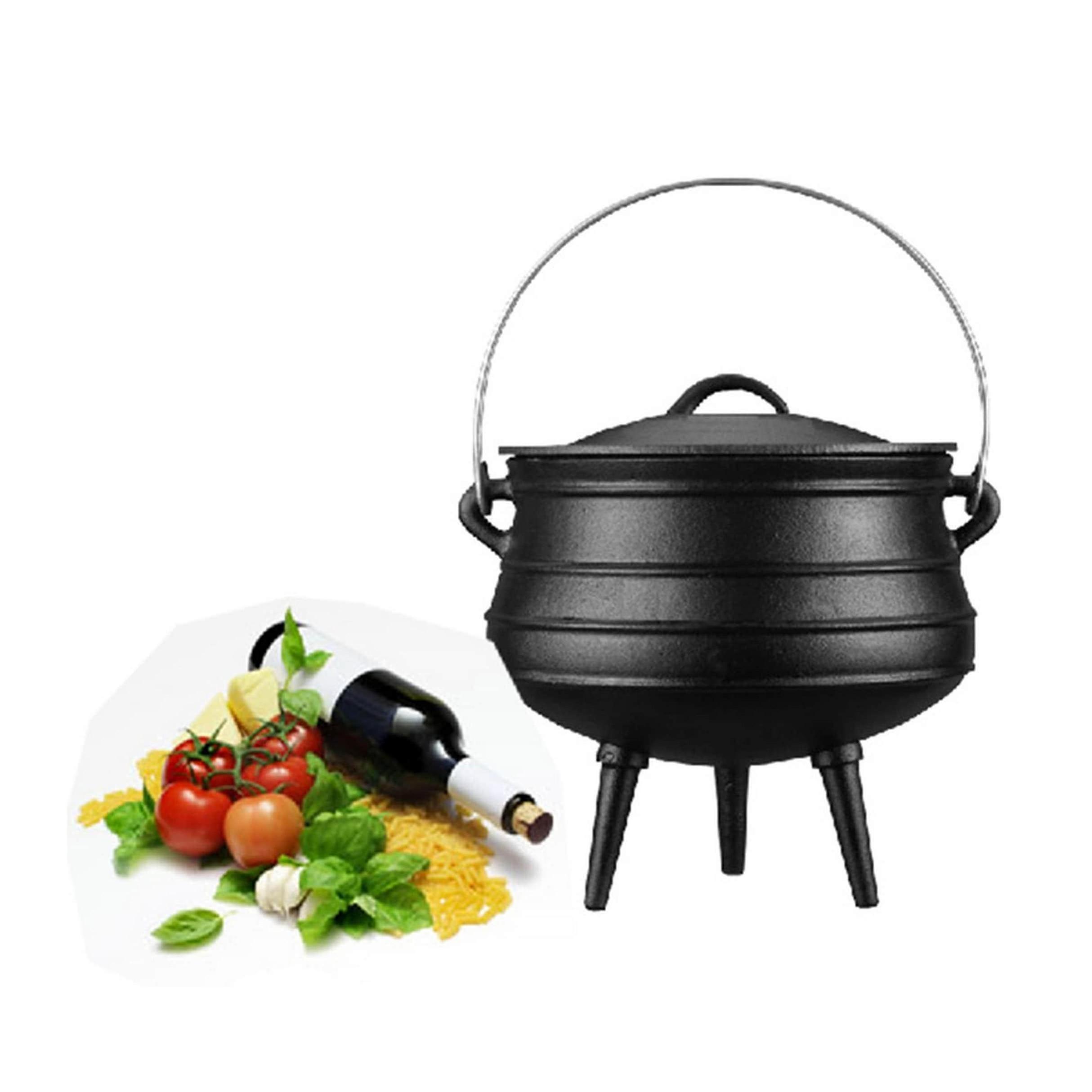 African Cast Iron Potjie Pot with Lid and 3 Legs Camping Cookware for Campfire Coals and Fireplace Cook