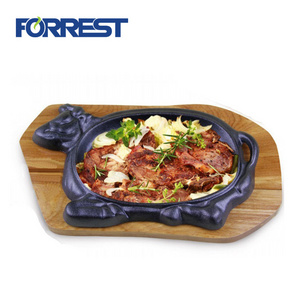 Cast Iron Cow shape skillet sizzle plate pan with wooden tray