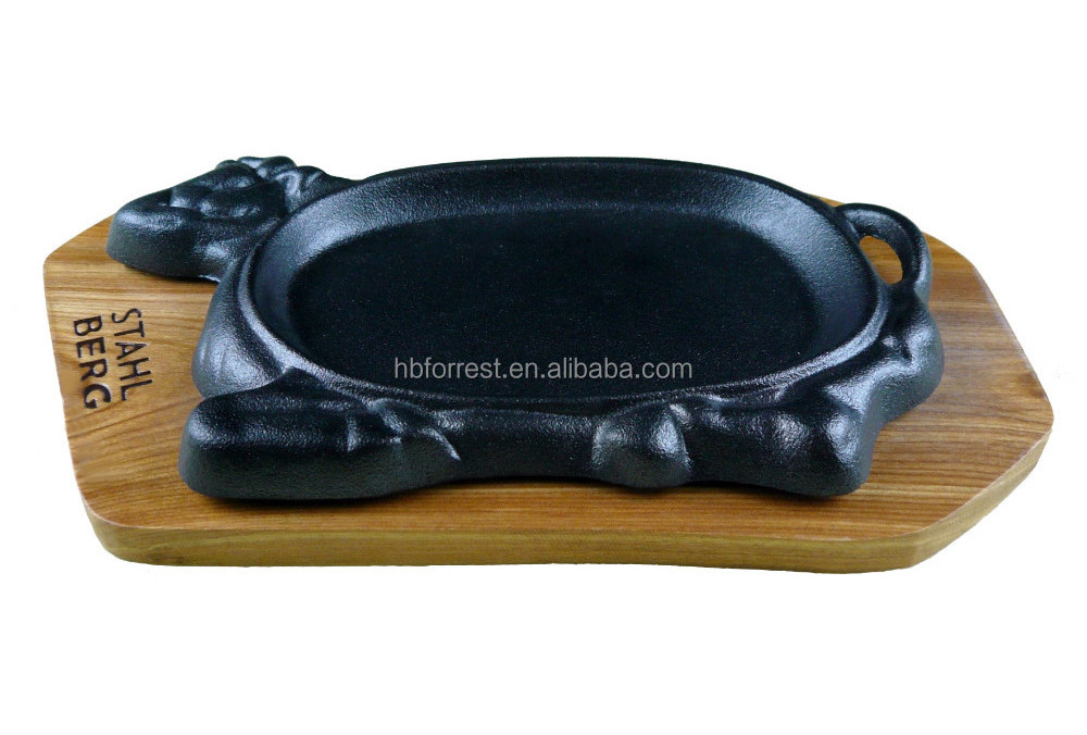 Cast Iron Cow shape skillet sizzle plate pan with wooden tray