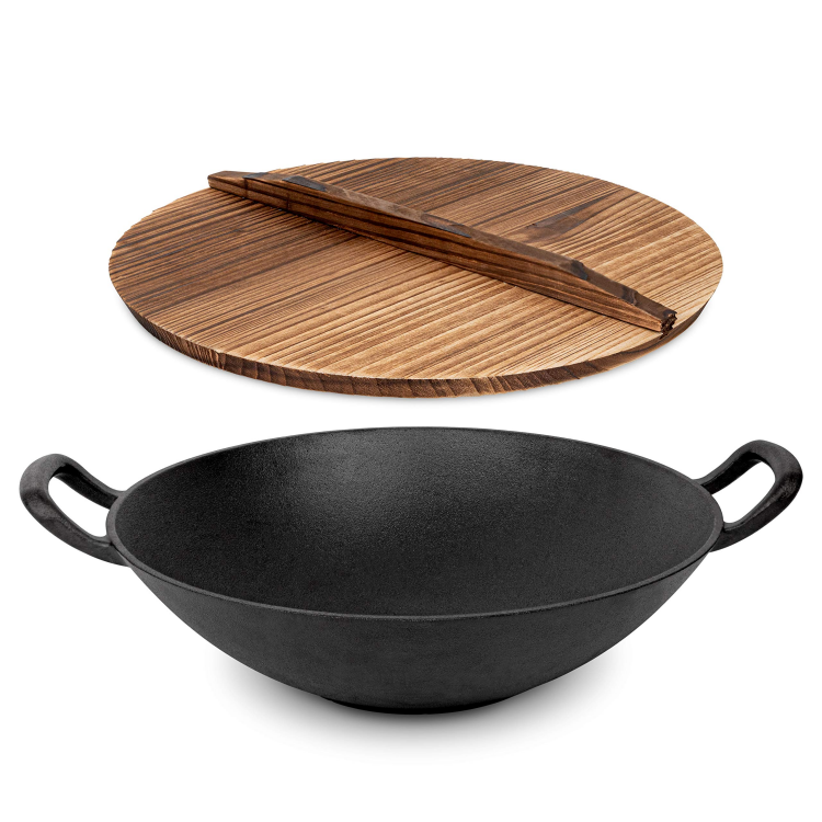 Pre-seasoned Chinese Traditional Cast Iron Cooking Wok Pots Pan For Outdoor Cookware With Wooden Lid