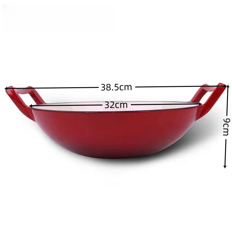 Outdoor Camping Cookware 32cm Enameled Cast Iron Chinese Wok Frying Pan Cooker For Picnic