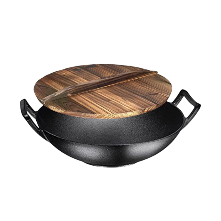 Pre-seasoned Chinese Traditional Cast Iron Cooking Wok Pots Pan For Outdoor Cookware With Wooden Lid