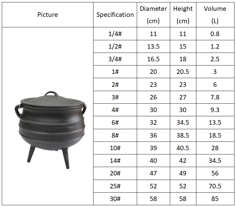 Wholesale Cast Iron Cauldron 3 Legged Cast Iron Potjie Pot BBQ Camping Outdoor Cookware