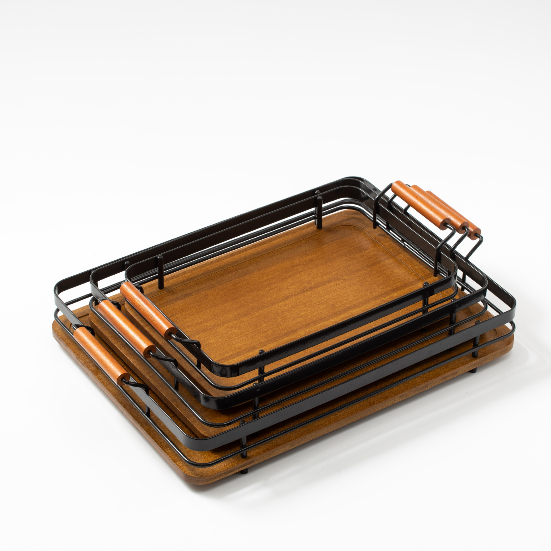 Wholesale Custom Design and Finishing Available Rectangular Wooden Serving Tray with Stainless Steel Handle