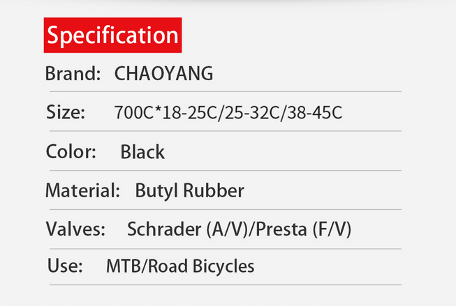 Hot sale Chaoyang ultra low price bicycle tube 700 * 18/23/25/28/32/35/38/42/43C butyl rubber mountain bike tube