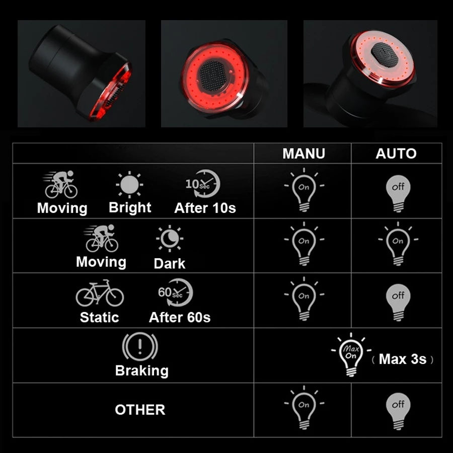 Smart Bicycle Tail Rear Light Auto Start Stop Brake IPX6 Waterproof USB Charge Cycling Tail Taillight Bike LED Lights