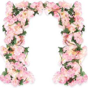 GM Artificial Cherry Blossom Vines, 15Feet Hanging Plants Silk Garland Fake Cherry Flowers for Home Garden Wall Wedding Decor