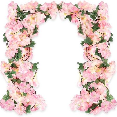 GM Artificial Cherry Blossom Vines, 15Feet Hanging Plants Silk Garland Fake Cherry Flowers for Home Garden Wall Wedding Decor