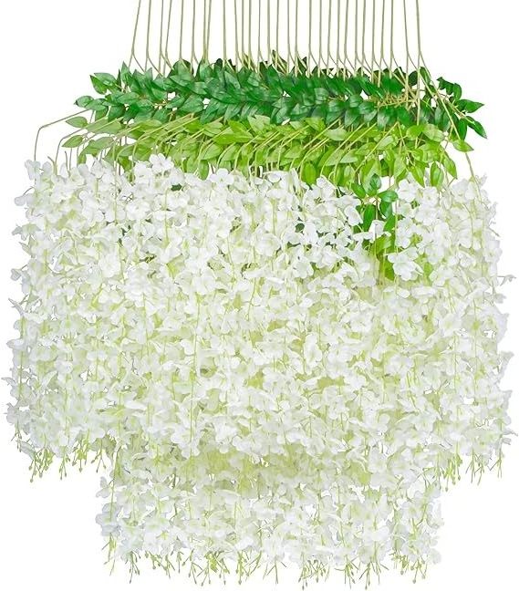 GM White Wisteria Hanging Flowers  12 Pack 3.6 Feet/Piece Artificial Fake Wisteria Vine Rattan Hanging Garland Silk Flowers