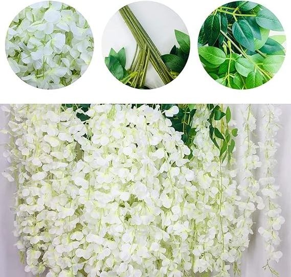 GM White Wisteria Hanging Flowers  12 Pack 3.6 Feet/Piece Artificial Fake Wisteria Vine Rattan Hanging Garland Silk Flowers