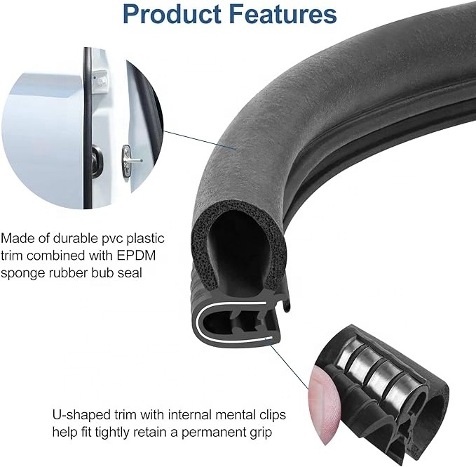 Car Door U-Shaped Automotive Weather Stripping Rubber Seal with Metal Clips Universal Car Edge Guards Fits Car Truck Boat RV