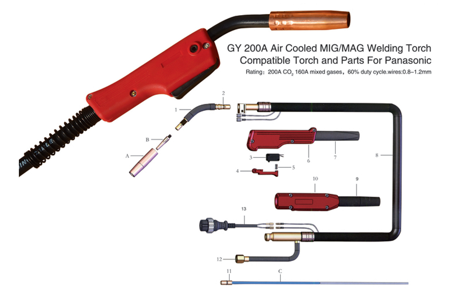 Guaranteed Quality OTC 200A Mig Welding Torch panasonic200 GAS cooled welding gun PANA200 WELDING torch